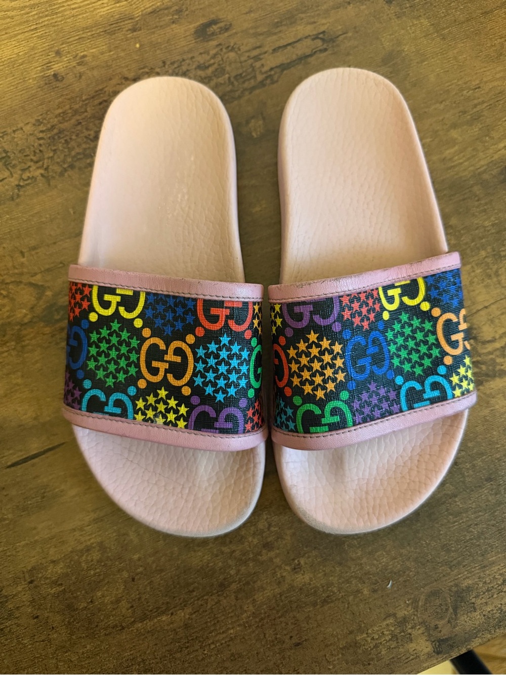 Gucci Pink Slides with Rainbow GG Star Print Strap